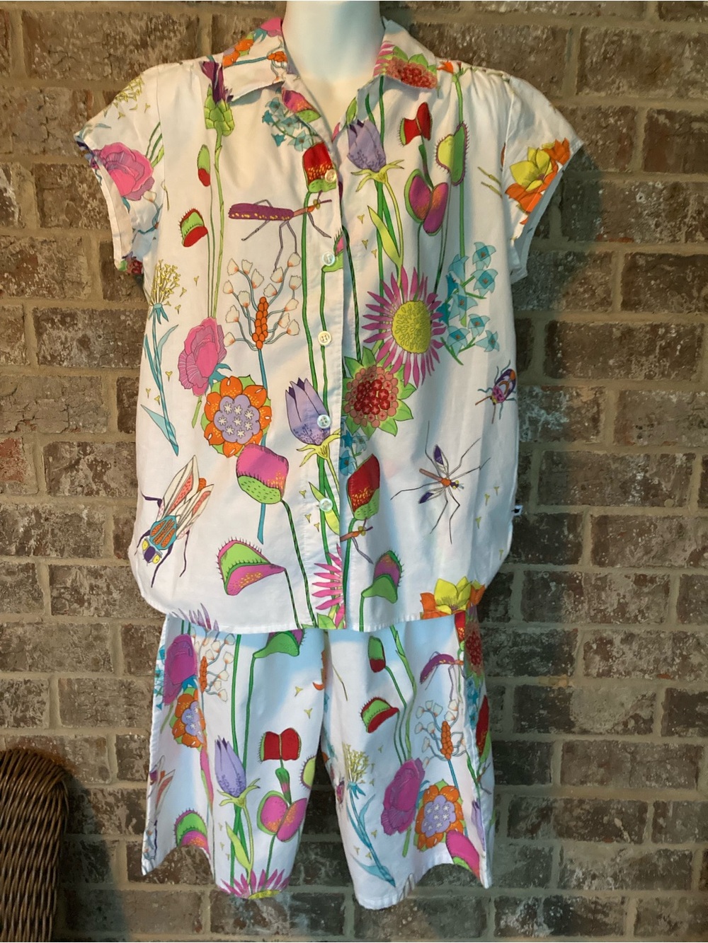 The Cat's Pajamas Floral bugs 2-Piece Cotton Pajama Set Women's M Medium
